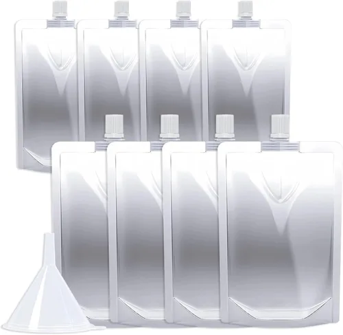 Miniatura 22 de 100 bolsas de bebida de 8 onzas, botella de plástico reutilizable con embudo para beber jugo de bebidas líquidas, bolsas de bebidas de pie para 8OZ