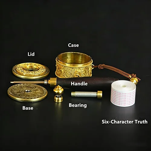 Miniatura 4 de Rueda de oración de mano de cobre con budista tibetano de seis caracteres de verdad de Buda de primera calidad, rueda de oración de mango de madera