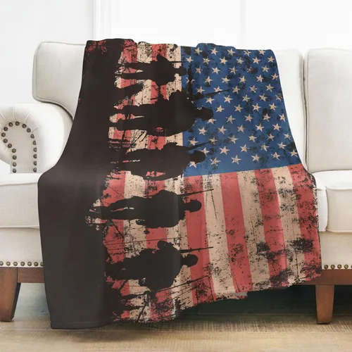 Levens Manta de franela con silueta de soldado de la bandera estadounidense Grunge de 50 x 60 pulgadas, ultra suave, ligera, acogedora manta