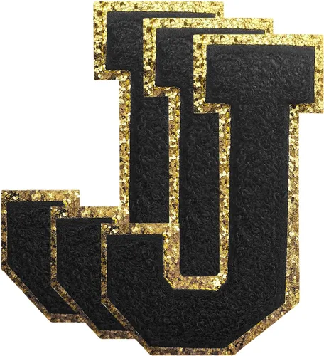 Miniatura 33 de 3 parches de números de chenilla negra, tamaño grande de 4-1/2" parches de números para planchar, parches universitarios para ropa, 8" Borde oro rosa