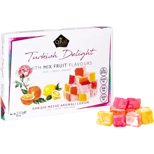 Cerez Pazari Delicia turca con sabores de mezcla de rosa, naranja y limón, 8.1 onzas, caja de regalo gourmet de bocadillos de tamaño pequeño, sin