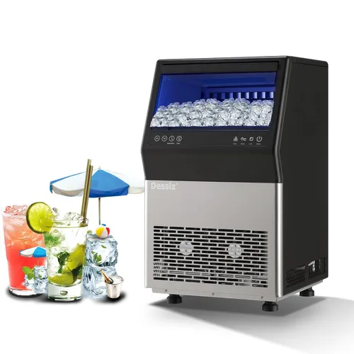 Dessiz Máquina comercial para hacer hielo, 100 libras/24 horas y 45 piezas de acero inoxidable, máquina de hielo independiente, agua del grifo y