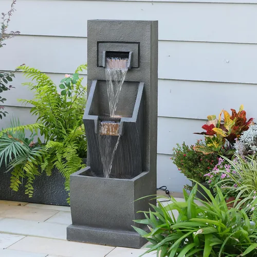 Fuente de agua moderna de 3 niveles para interior/exterior de 35" de alto con luces LED y bomba, cascada en cascada independiente al aire libre -