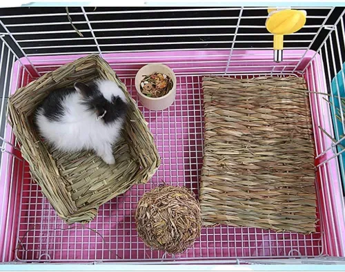 Miniatura 4 de Hamiledyi Alfombrilla de césped tejida para animales pequeños, 4 piezas de ropa de cama de conejito grande, juguete para masticar, juguete de cama