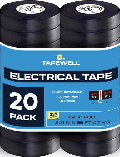 Miniatura 10 de TAPEWELL Cinta eléctrica de vinilo negra, grado profesional, 3/4 pulgadas x 66 pies, paquete de 10