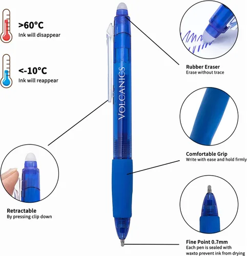 Miniatura 3 de Volcanics Bolígrafos de Gel Borrables Retráctiles Clicker - Punta de Bola de 0.7mm, Borrado por Calor con Borrador Integrado, Paquete de 12 Negro