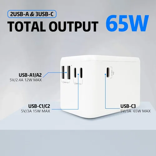 Miniatura 5 de EP Adaptador de viaje internacional de 65 W, toma de corriente universal con 3 puertos USB-C y 2 puertos USB-A, adaptador de enchufe mundial
