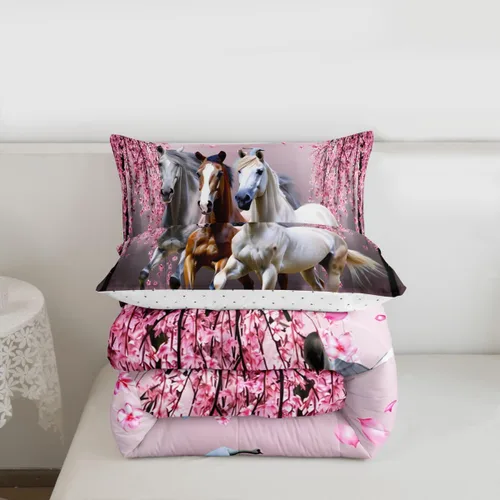 Miniatura 3 de Feelyou Juego de edredón tamaño individual con diseño de caballo y cerezo en flor de galope para niños, adolescentes, edredón occidental, decoración