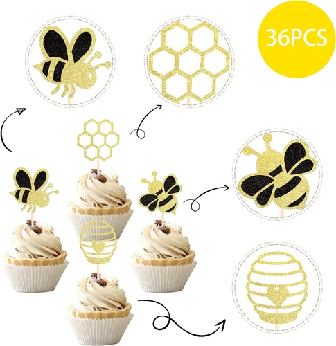 Miniatura 2 de 36 piezas de adornos para cupcakes de abejorros con purpurina de abeja, revelación de género, panal, cupcakes, baby shower, fiesta de cumpleaños