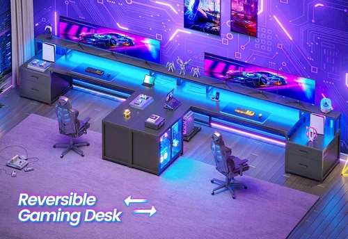 Miniatura 3 de SEDETA Escritorio para juegos en forma de L, escritorio grande para computadora de 78.7 pulgadas con cajones, toma de corriente y luz LED, Negro