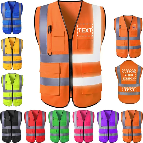 Miniatura 7 de Chaleco de seguridad personalizado para hombres con bolsillos de logotipo, ropa de trabajo protectora personalizada de alta visibilidad con tira