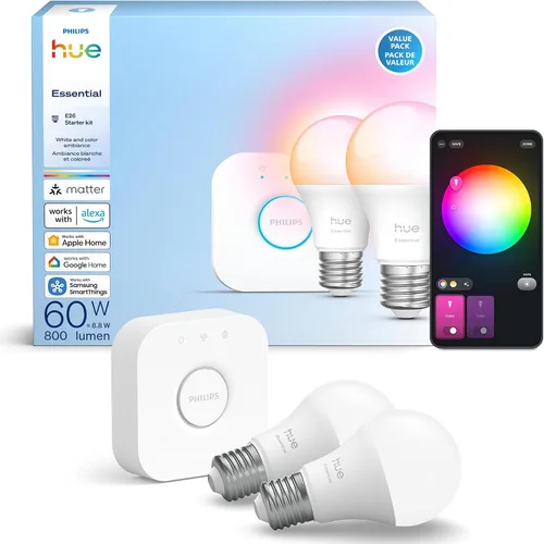 Miniatura 12 de Philips Hue Essential - Bombilla LED inteligente A19, ambiente blanco y color, base E26, 8.8W, 2200K-6500K, 800 lúmenes, regulable, funciona