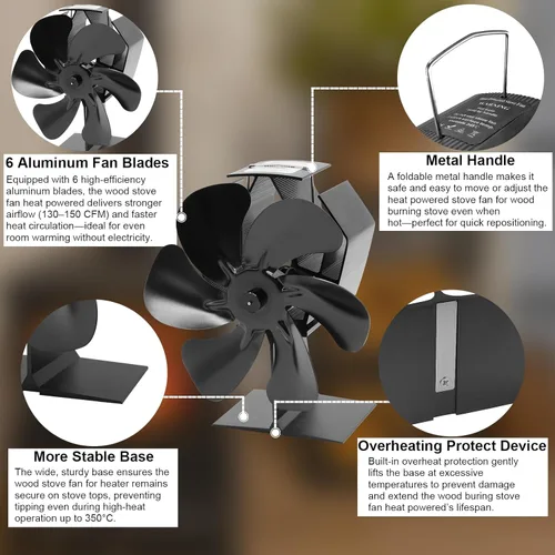Miniatura 2 de Ventilador de estufa de leña alimentado por calor, ventilador termoeléctrico de 6 aspas de funcionamiento silencioso de aluminio con soporte fijo
