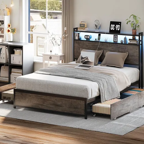 VINGLI Base de cama LED Queen con 4 cajones de almacenamiento y estante de cabecera ajustable, plataforma de metal con estación de carga para niños,