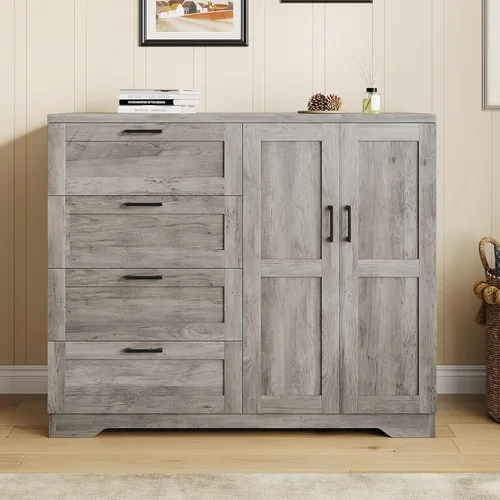 GarveeHome Cómoda de madera multifuncional para dormitorio, 43.3 pulgadas de alto, armario de 2 puertas con 4 cajones y barra para colgar, armario