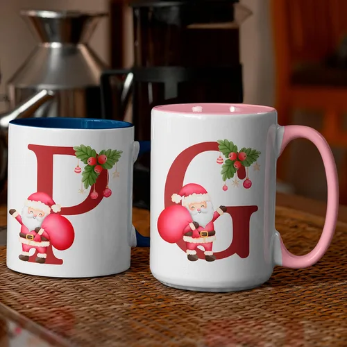 Miniatura 9 de Taza de café con inicial de Navidad con tema de Papá Noel, 11 o 15 onzas, 9 colores opcionales, tazas personalizadas para niños, niños y niñas, taza