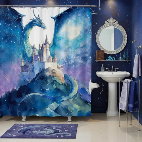 Miniatura 26 de Cortina de ducha de avión para niños, cielo azul y nubes blancas, juego de cortina de ducha para niños y adultos, cortina de baño moderna