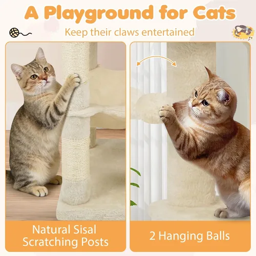 Miniatura 8 de Tangkula Torre de árbol para gatos, torre para gatos de varios niveles de 44 pulgadas con postes rascadores de sisal, condominio de 2 puertas