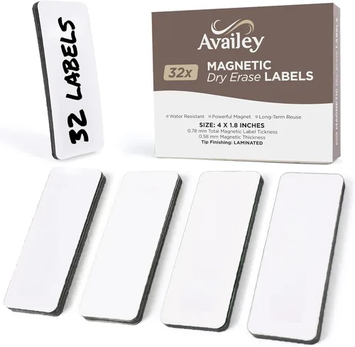Availey 32 Piezas (10,2 x 4,6 cm) - Etiquetas Magnéticas Blancas de Borrado en Seco - Tiras Reutilizables para Aula, Hogar, Oficina, Garaje, Blanco