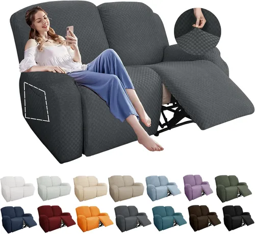 Miniatura 21 de YEMYHOM Funda elástica de 4 piezas para silla reclinable de jacquard con bolsillo lateral, antideslizante, ajustable, protector de muebles con parte