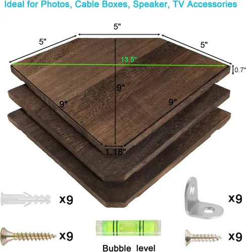 Miniatura 3 de Joiishom Juego de 2 estantes de esquina de madera maciza para pared, estantes flotantes de esquina de madera maciza para pared, estante esquinero