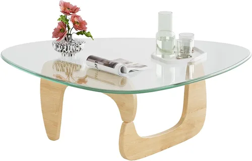 Miniatura 8 de WLIVE Mesa de café, mesa de café pequeña de vidrio con patas de madera maciza, mesas de sala de estar triangulares de 36" de mediados de siglo, mesa