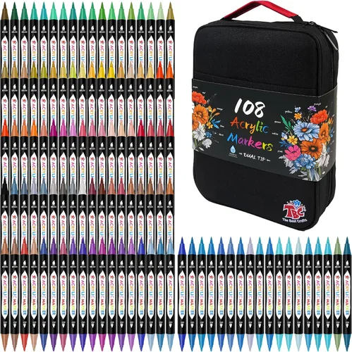 TBC The Best Crafts Marcadores de pintura acrílica de doble punta de 108 colores, diseño de doble cremallera, bolsa de lona Topgrade, impermeable,