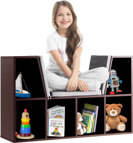 Miniatura 8 de HONEY JOY Organizador de rincón de lectura con cojín de asiento, estantería para niños con rincón de lectura, estante de almacenamiento de esquina
