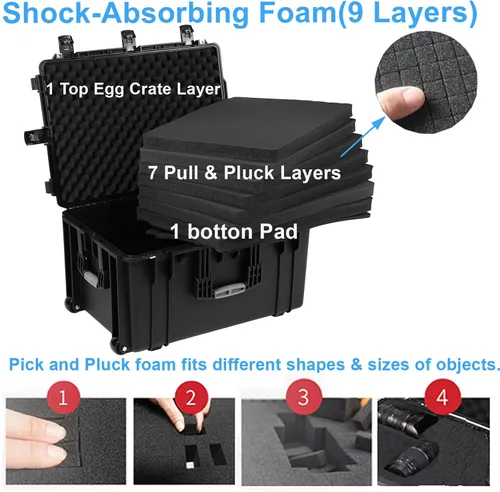 Miniatura 4 de Regetek Funda rígida impermeable con ruedas, espuma personalizable de 29 x 20.5 x 16 pulgadas, funda de transporte de equipo para cámara, dron