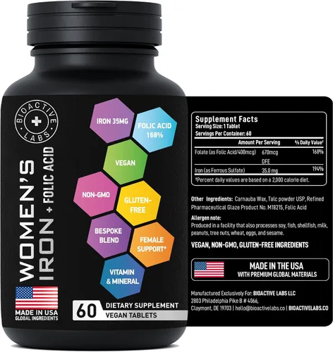 Miniatura 9 de Suplementos veganos de hierro para mujeres con ácido fólico, 35 mg de hierro suave, 400 mcg de ácido fólico, sulfato ferroso constructor de sangre