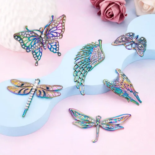 Miniatura 5 de 12 dijes de filigrana de mariposa de aleación de color arco iris, colgantes grandes, colgantes de ala hueca, adorno de metal grabado al agua fuerte