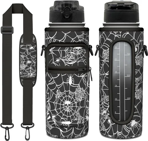 Miniatura 24 de Goth Moon Botella de agua de medio galón con funda - Botella de agua con tapa abatible sin BPA de 32 onzas - con marcador de tiempo, jarra de agua a