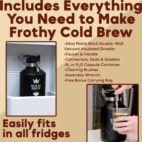 Miniatura 4 de The Original Royal Brew Nitro - Cafetera fría – Regalo para los amantes del café – Café nitro de calidad en casa – Barril casero de 64 onzas, kit
