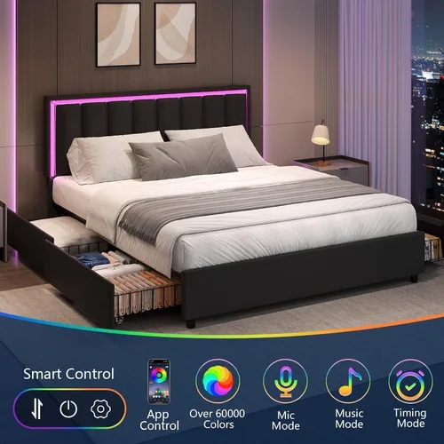 Miniatura 3 de IMMERSTABLE Base de cama tamaño Queen con cabecero y 4 cajones de almacenamiento, plataforma tapizada de piel sintética con luces LED, listones