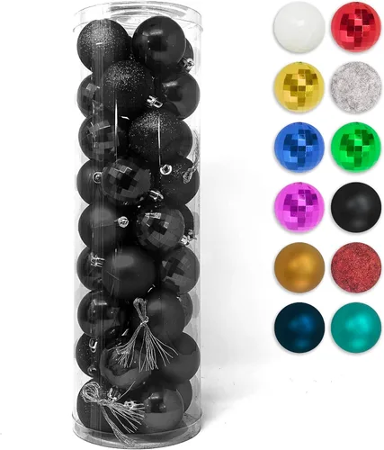 Allgala - Paquete de 36 esferas de adorno de Navidad de 5 cm para árbol de Navidad, 4 estilos, color negro, pre-ensartadas, a prueba de roturas