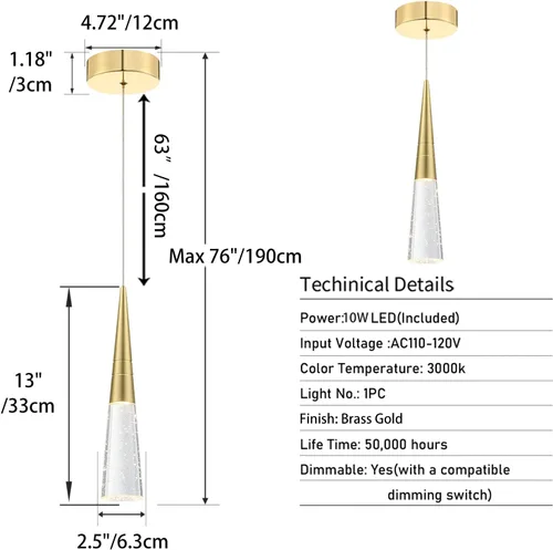 Miniatura 6 de JoollySun Lámpara colgante de cristal moderna: Mini cono dorado colgante accesorios de luz para baño de isla de cocina