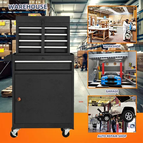 Miniatura 7 de X&T Caja de herramientas con ruedas compuestas, organizadores de pecho desmontables con cerradura con 4 ruedas y 5 cajones, armario