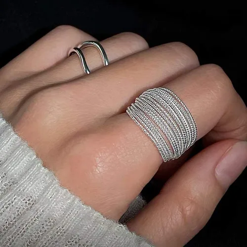 Miniatura 4 de EXPHAIN Anillo ajustable para mujer, de múltiples capas, único, envolvente, minimalista, a la moda, anillos de plata, joyería, Metal no precioso.