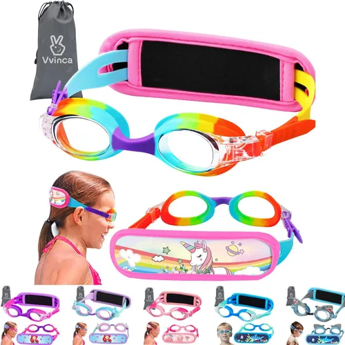 Miniatura 25 de Vvinca Gafas de natación para niños con correa de tela, sin enredos, sin dolor, antivaho para piscina, sin fugas, para niños y niñas