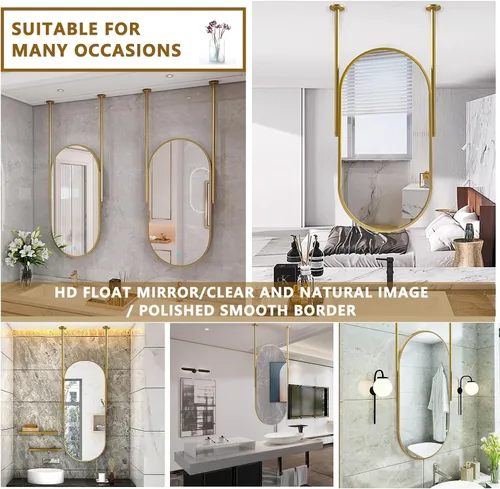 Miniatura 6 de Espejo de baño dorado para colgar en el techo, espejo ovalado grande para tocador, marco de metal, espejo decorativo de pared con doble pluma