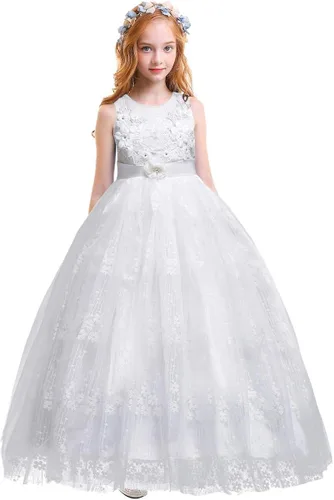 Vestido maxi de tul para niñas con tutú y flores de encaje, largo hasta el piso, para boda, dama de honor, fiestas