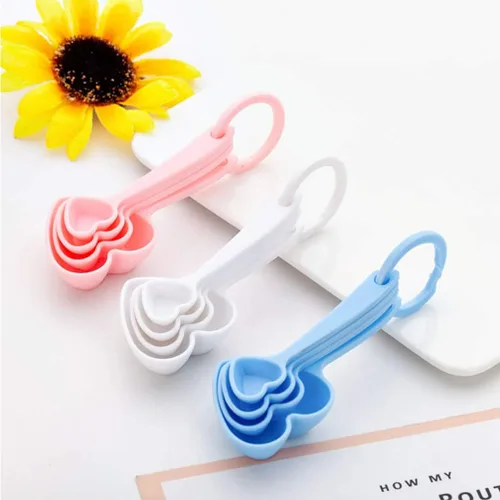 Miniatura 3 de Hemoton Cucharas medidoras de plástico con forma de corazón, cucharadita de postre, cuchara de café, medida seca, vajilla líquida para cocina, Rosado