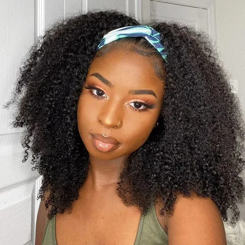 Miniatura 6 de ISEE Hair Peluca de cabello humano afro rizado crespo con diadema, densidad del 180%, pelucas afro para mujeres negras, rizos naturales, pelucas
