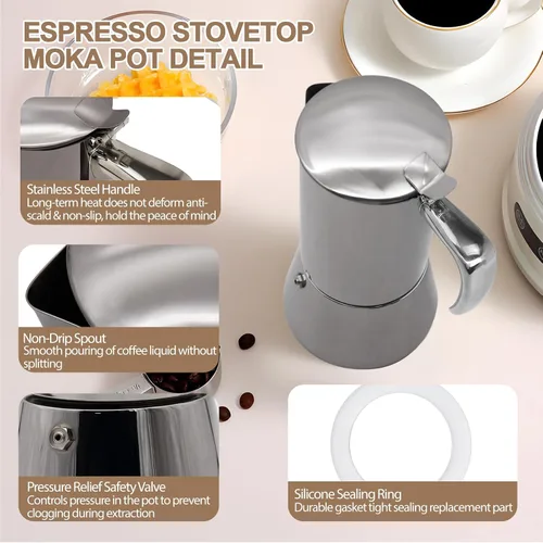 Miniatura 6 de Cafetera de acero inoxidable 304 grueso, sin recubrimiento, 2 tazas, cafetera Moka para estufa, cafetera expreso, cafetera italiana, clásica, Greca