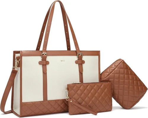 Miniatura 7 de Keyli 3 piezas Bolsa para Laptop para Mujeres, 15.6 Pulgadas Bolsa de Lona Tote Bolsas de Trabajo Grandes Maletín de Computadora de Negocios Bolso