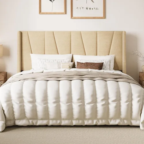 SHA CERLIN Base de cama tamaño King con cabecera geométrica con respaldo de ala, cama de plataforma tapizada con espacio debajo de la cama de 8 Beige