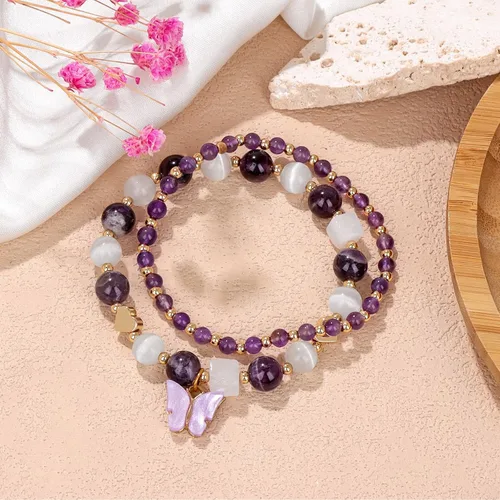 Miniatura 5 de GolbalJew Pulsera de amatista para mujer, pulseras de cuentas de amatista para la ansiedad, dijes de mariposa, piedra curativa en capas, regalos