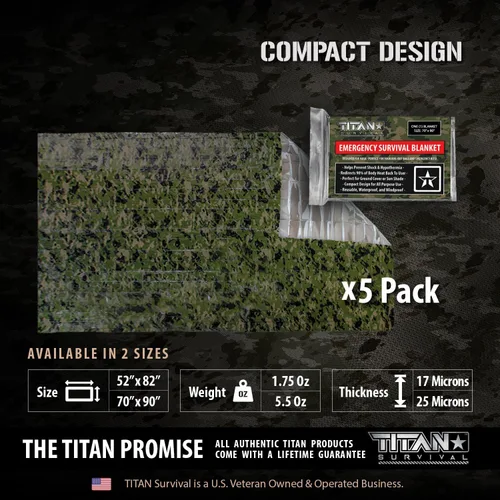Miniatura 3 de TITAN Survival Mantas de supervivencia de Mylar prémium (paquete de 5) manta térmica de supervivencia de emergencia para campamento, caza, Camuflaje