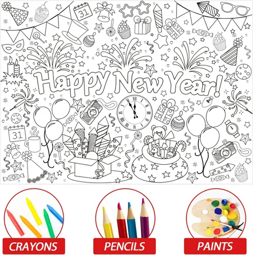 Miniatura 3 de Póster gigante para colorear con texto en inglés «Happy New Year» para niños y niñas, mantel gigante para colorear con libros grandes, para pared