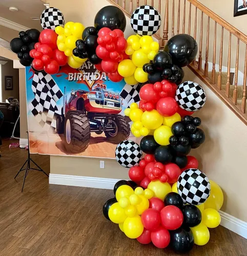 Miniatura 6 de Paquete de 12 globos de carreras a cuadros de 18 pulgadas, globos de aluminio de helio de Mylar a cuadros blancos y negros para fiestas temáticas
